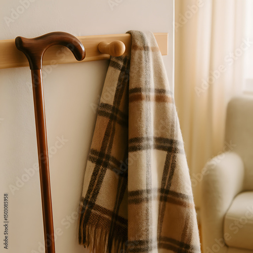 Cozy plaid scarf hanging on a wall hook beside a walking cane  