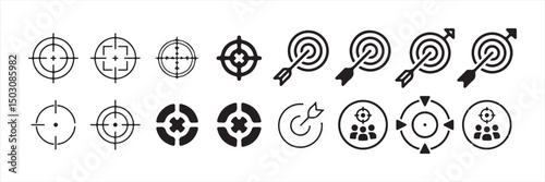 Target vector icons. Goal.Set of goals. Simple target with arrow. Hitting the bullseye icon. and hunting themes, digital art, and UI projects. Victor illustration eps 10
