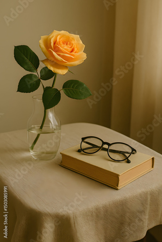 Yellow rose in vase with glasses and book on a table  