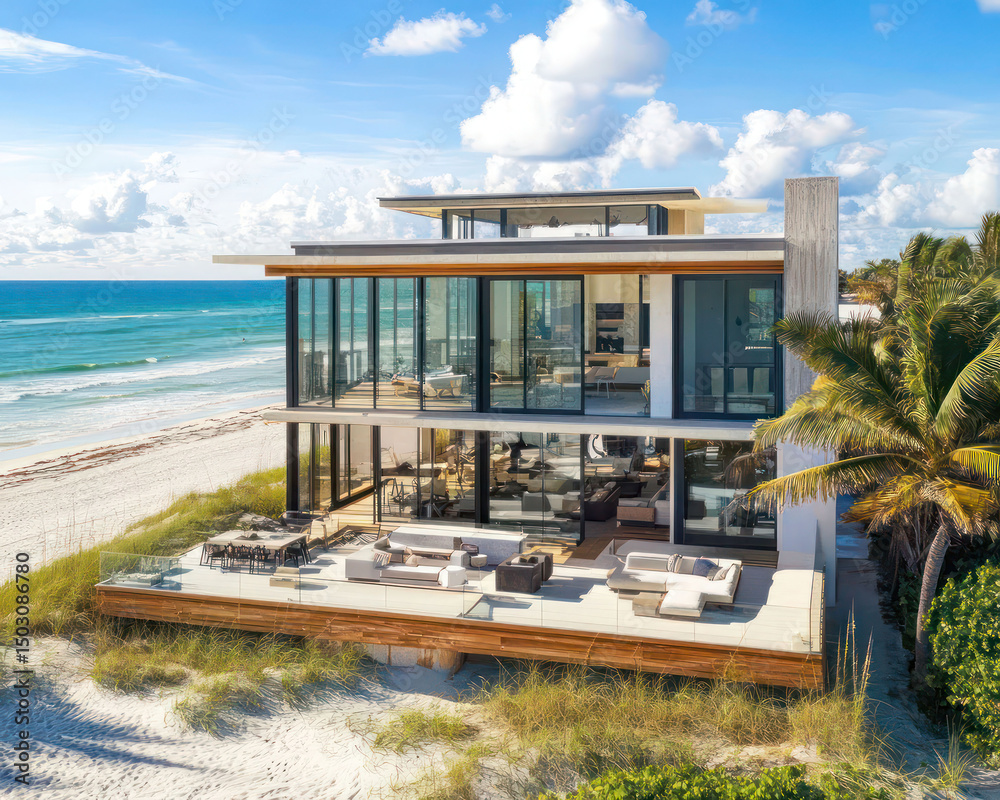 Fototapeta premium Beachfront home with retractable glass walls and outdoor lounge
