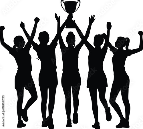 Silhouette of a winning team celebrating victory by holding up a trophy cup proudly