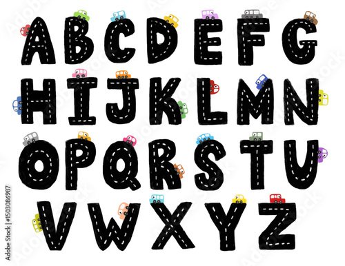 Cute set black hand drawn uppercase alphabet ABC letters font with striped road street and colorful cars vehicle transportation theme doodle crayon watercolour kids illustration clipart poster nursery