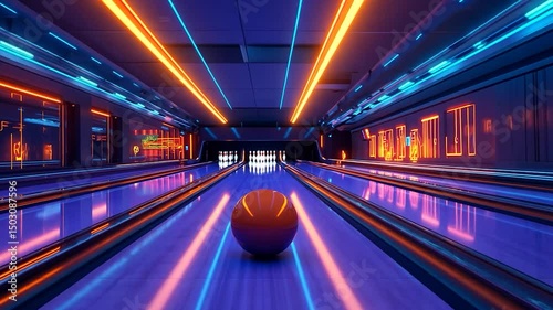 Futuristic bowling alley ambiance with neon lights and sleek, modern design