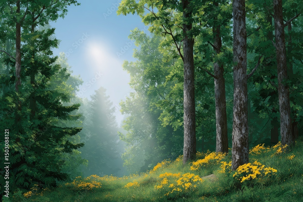Fototapeta premium Serene Sunlit Forest Path: A Misty, Yellow-Flowered Meadow