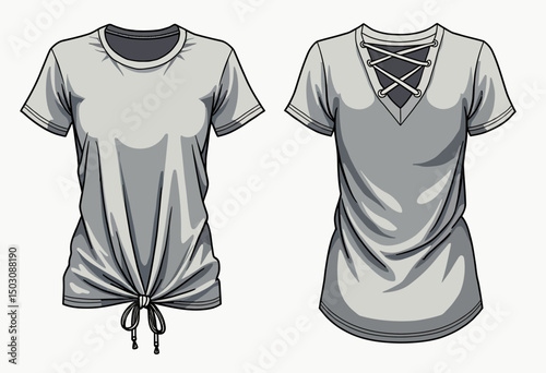 Technical fashion illustration of cutout sleeveless top with adjustable drawstring hem, grey colorway, gender-neutral style, front and back fashion flat
