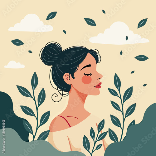 Soothing pastel scene featuring a calm individual, soft clouds, and floating foliage, representing emotional balance, clarity of mind, and stress relief

