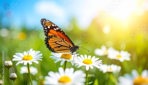 Beautiful butterfly on a daisy flower in nature outdoors close up macro in spring 