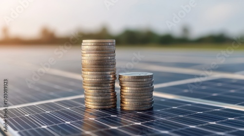 Stacks of coins sit on solar panels, symbolizing financial investment in renewable energy.