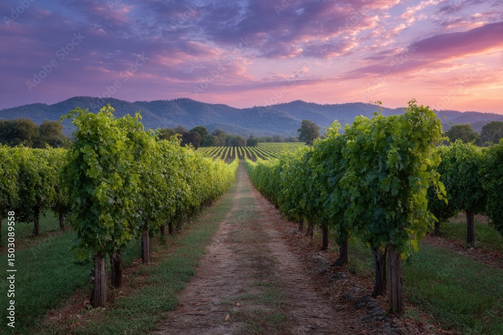 Naklejka premium Serene Vineyard Sunset: Lush Green Vines and Purple Hues
