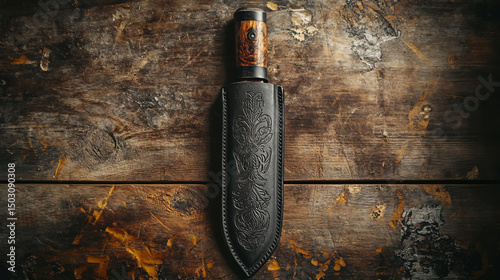 Leather sheath for a hunting knife with engraving on the front and back, made of black leather with a wood handle, featuring a simple design. High-quality photo in a flat lay, top-down view, photo