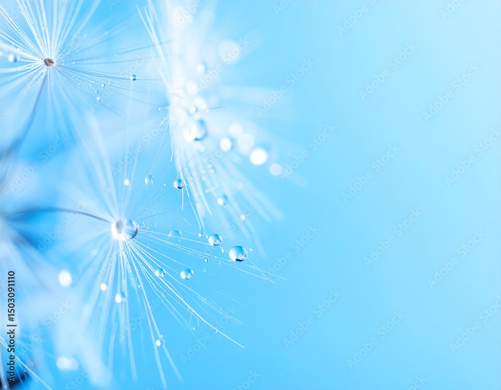 Naklejka premium Beautiful dew drops on dandelion seed macro. soft blue background. Water drops on par