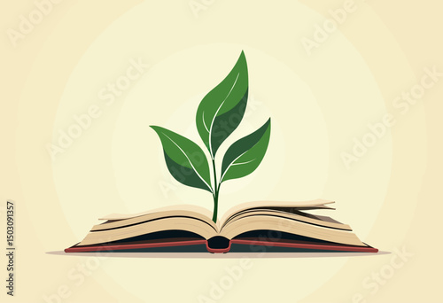 Minimal vector illustration of an open book sprouting leaves, symbolizing knowledge growth, sustainable learning, and educational development in a clean modern style

