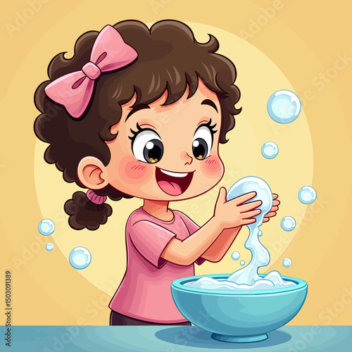 Smiling Little Girl Learning Handwashing with Soap and Water, Encouraging Clean Habits for Toddlers Through Fun and Play

