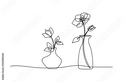 Minimalist line art depicting two flowers in vases on a white background