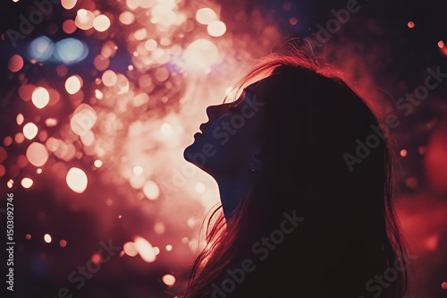 Woman Silhouetted Against Sparkling Festive Lights