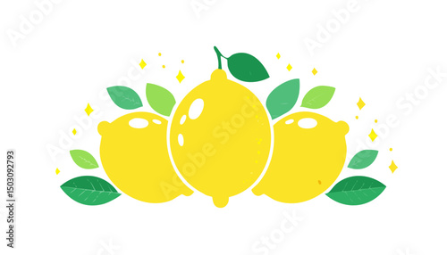 Adorable lemon with playful green leaves illustrated in flat style. Bright and cheerful design with minimal color on white background.