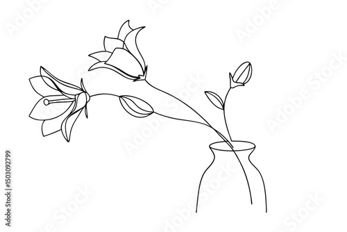 Elegant line art illustration of bell flowers in a simple vase on white background