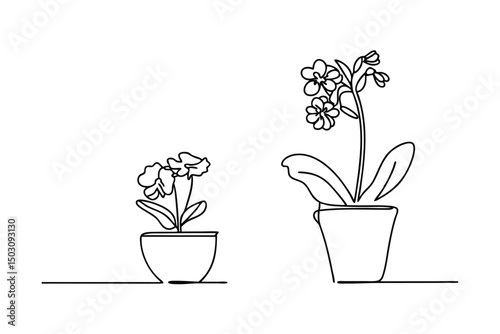 Minimalist continuous line drawing of potted flowers illustrating natural home decor and plants