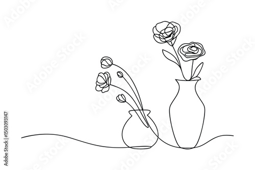 Elegant minimalist line art illustration of flowers in vases with delicate beauty