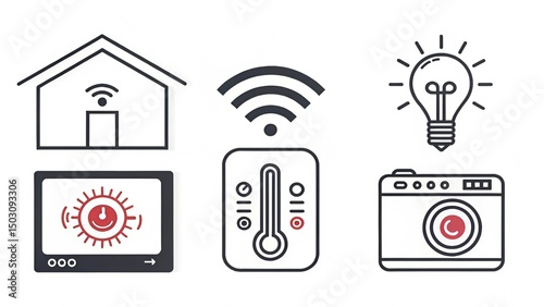 Minimalist icon set for smart home technology: thermostat, lights, camera, speaker