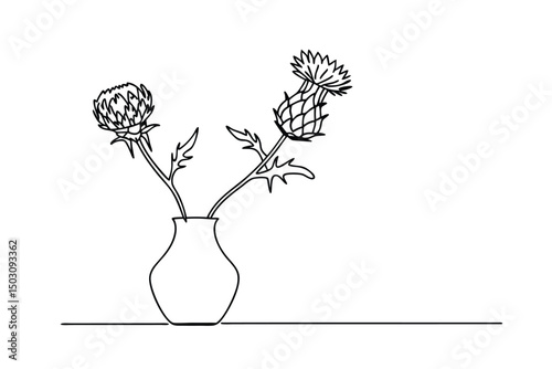 Elegant line drawing of a thistle bouquet in a vase against a clean white background