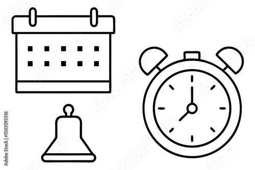 Simple Line Icons of Calendar Alarm Clock and Bell for Time Management