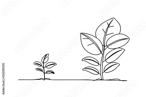 Line drawing depicting the growth cycle of a plant seedling from tiny to full size