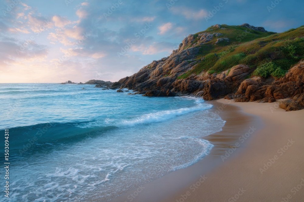 Obraz premium Coastal Serenity: Tranquil Ocean Waves Gently Kissing a Sandy Beach at Sunrise