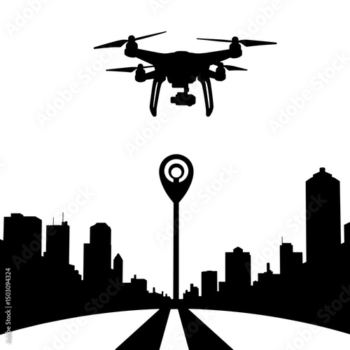 Drone silhouette over skyline with sensor checkpoint – black smart-city airspace icon
