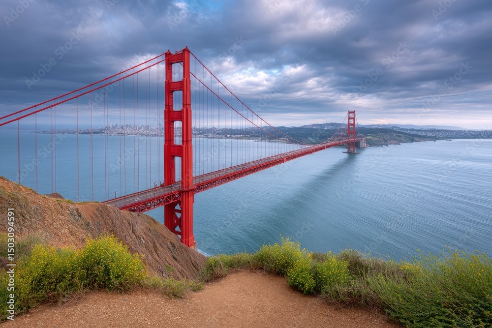 Fototapeta premium Golden Gate Bridge: Majestic Vista, Dramatic Sky, Coastal Serenity