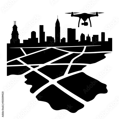 Drone silhouette above digital city map ‒ smart-city routing icon