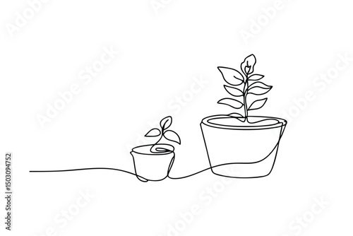 Continuous line art illustration of growing plants in pots symbolizing growth and development