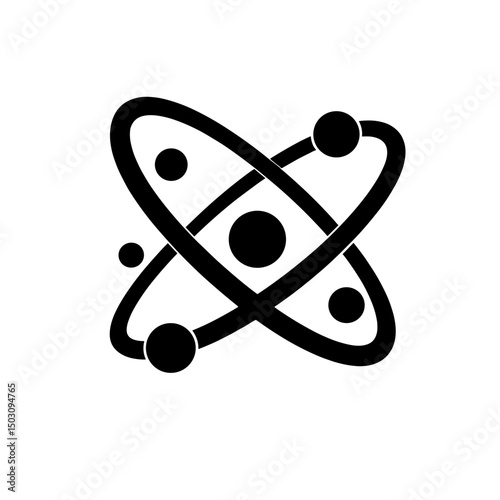 Atoms orbiting microchip silhouette ‒ black quantum-technology symbol