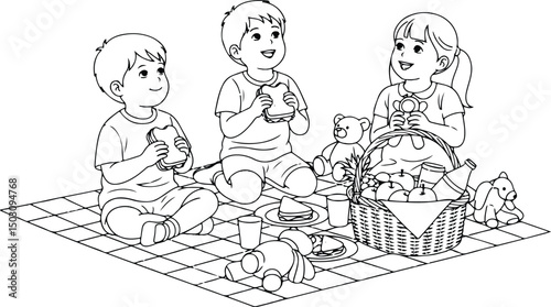 Three Happy Kids Enjoying a Picnic Outdoors