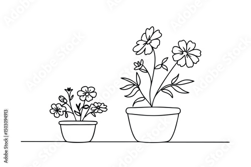 Simple black and white line art of potted flowers in two different sized containers