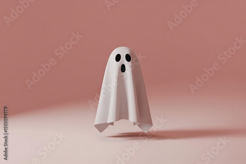 Minimalist Halloween ghost on a soft pink background evokes a playful mood photo