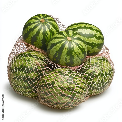 Five Green Striped Watermelons in Orange Mesh Bag on White Background
