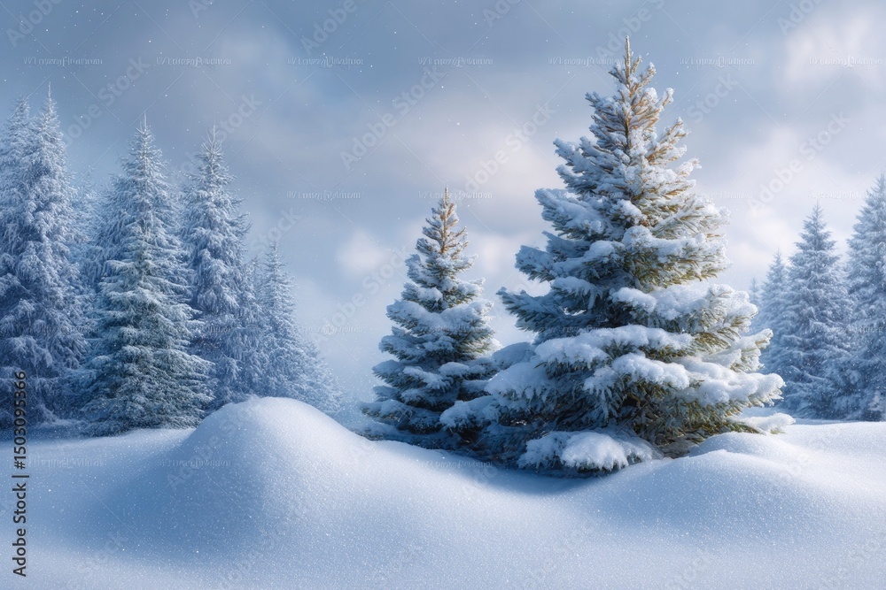 Naklejka premium Snow-Covered Pines: A Serene Winter Landscape