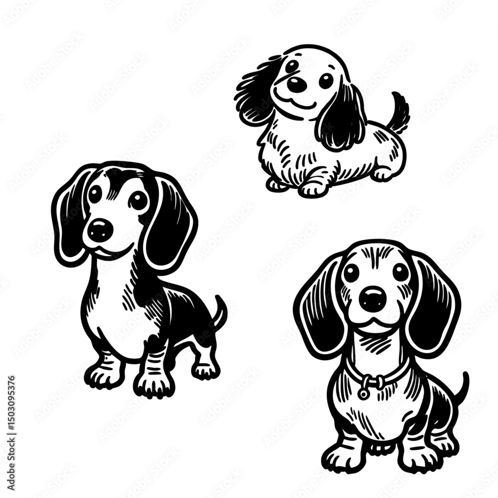 線画で描いたダックスフントのイラスト素材セット