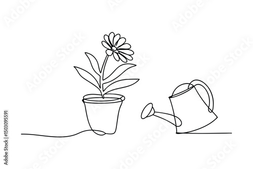 Continuous line drawing of a flower in a pot with watering can illustration design