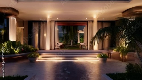 Evening ambiance around a luxury villa with soft lighting. 