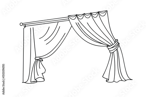 Elegant curtain design with draped fabric and decorative details in simple outline style