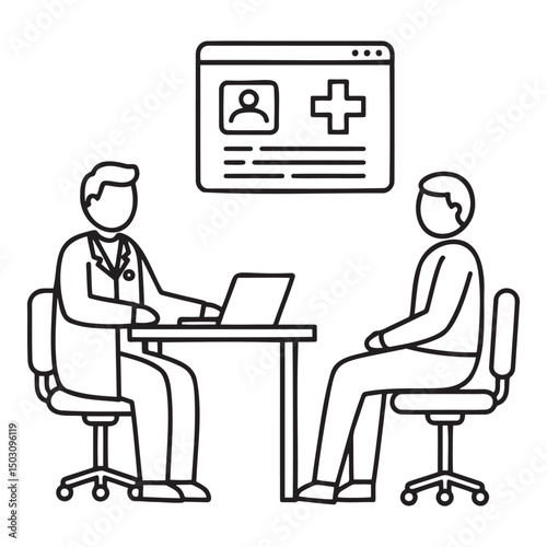 Doctor consulting a patient with a laptop during a medical consultation in minimalistic design