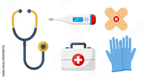 A set of simple, clear icons for essential healthcare items: stethoscope, thermometer, bandage, first aid kit, and medical gloves. 