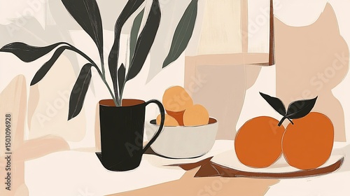 Abstract Still Life with Oranges and Plant in Minimalist Style