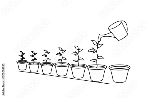 Growing plant process represented with pots and watering can vector illustration