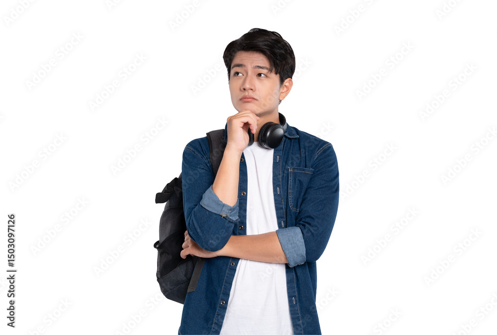 Portrait of Asian male student wearing backpack and headphones posing on PNG background Portrait of Asian male student wearing backpack and headphones posing on PNG background