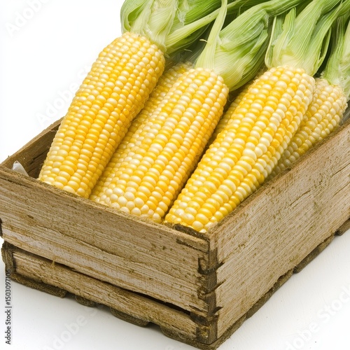 Fresh Bi Color Corn on the Cob in Rustic Wooden Crate with Green Husks