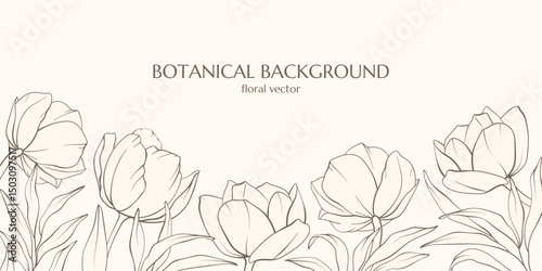 Botanical vector background. Wall art with line, leaves, flowers. Minimal design banner for text. Hand drawn wildflowers in trendy boho aesthetic. Wedding Invitation flower arrangements, flyer, ticket