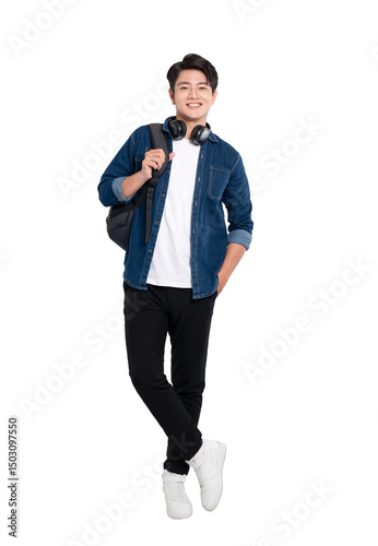 Full body image of young Asian male student using phone and posing on PNG background	
